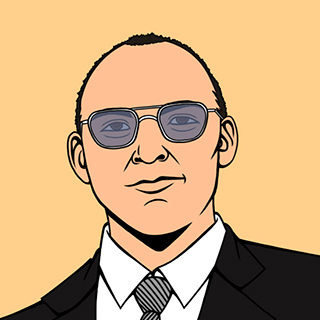 Illustrated Pete Medina in sunglasses, black jacket, white shirt, & gray tie.